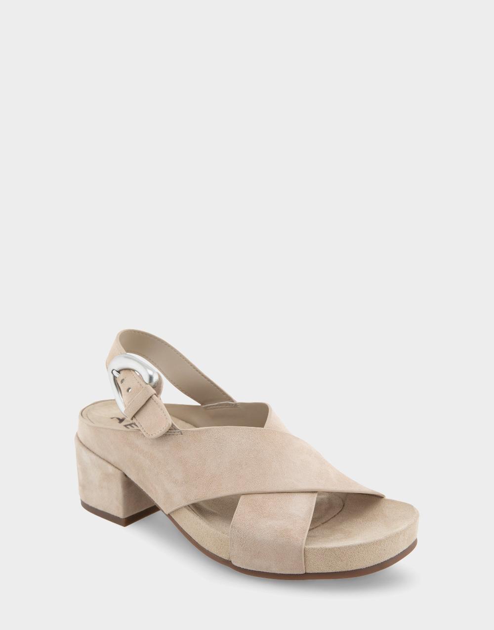 Aerosoles Comfortable Women's Crisscross Molded Footbed Block Heel Sandal In Pale Khaki Suede