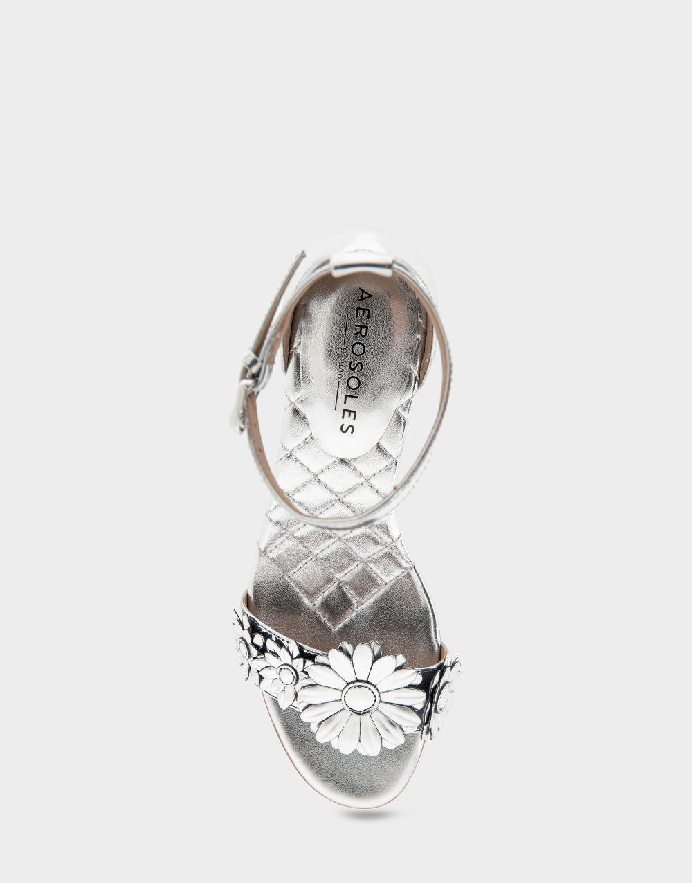 Aerosoles Comfortable Women's Dress Sandals In Silver Mirror Floral Faux Leather