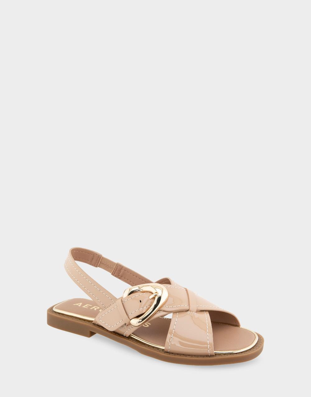 Aerosoles Comfortable Women's Flat Sandals In Beige Bisque Patent Faux Leather Patent Faux Leather