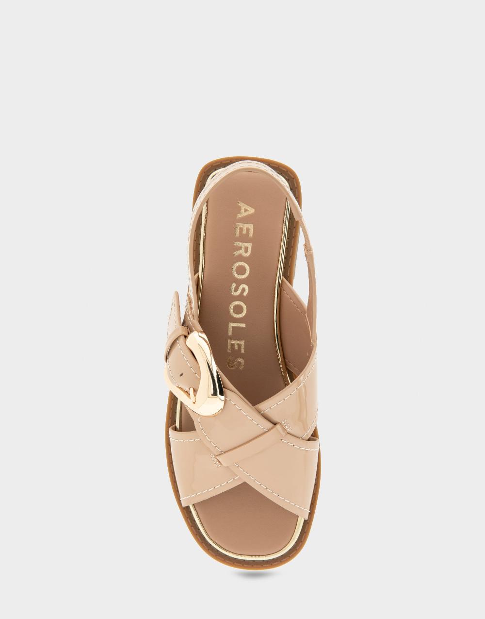 Aerosoles Comfortable Women's Flat Sandals In Beige Bisque Patent Faux Leather Patent Faux Leather