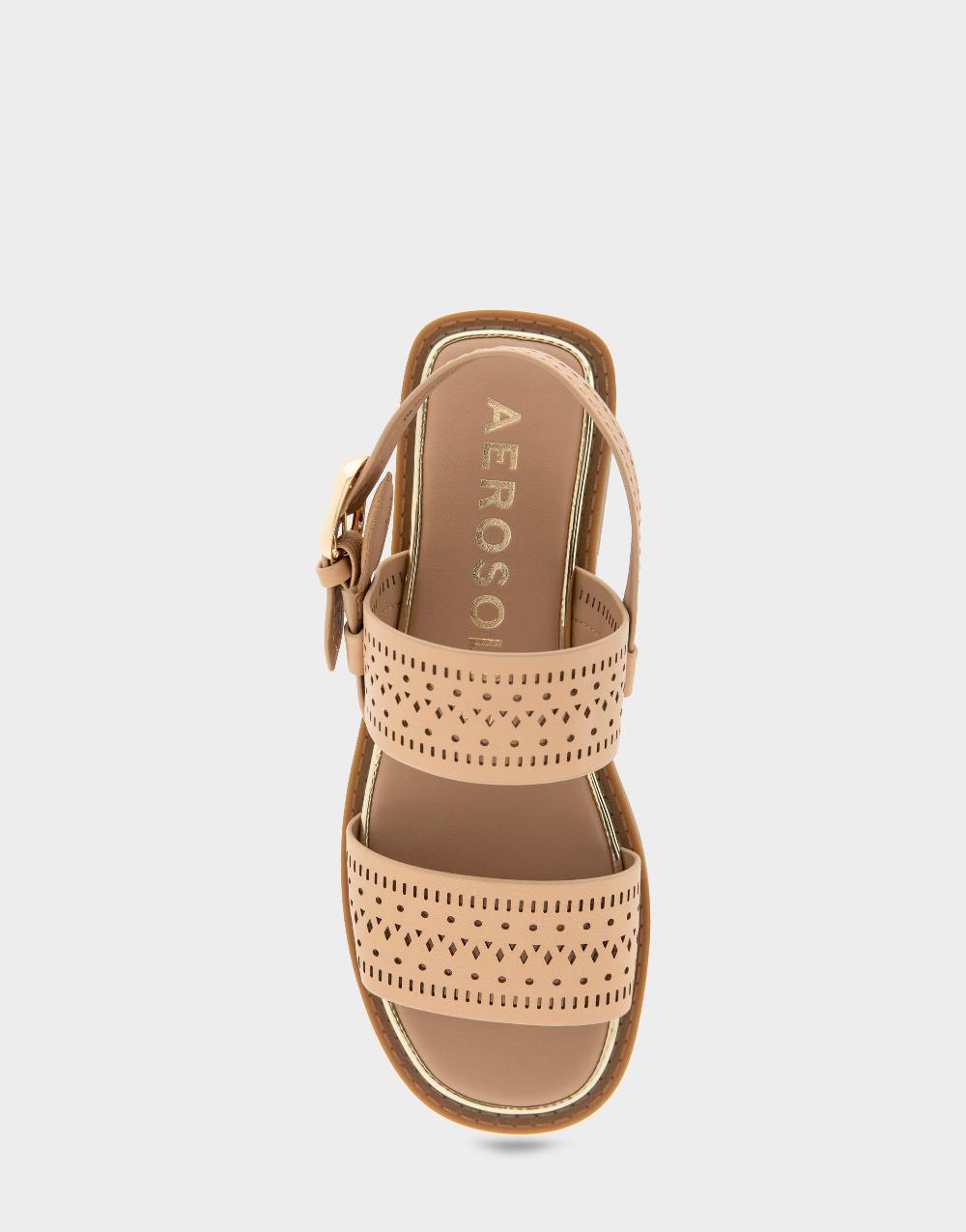 Aerosoles Comfortable Women's Flat Sandals In Beige Bisque Perf Faux Leather