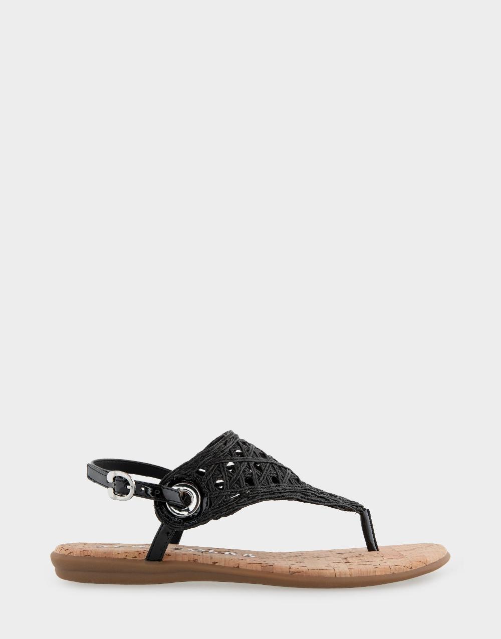 aerosoles Comfortable Women's Flat Sandals in Black Crochet Raffia Raffia Fabric