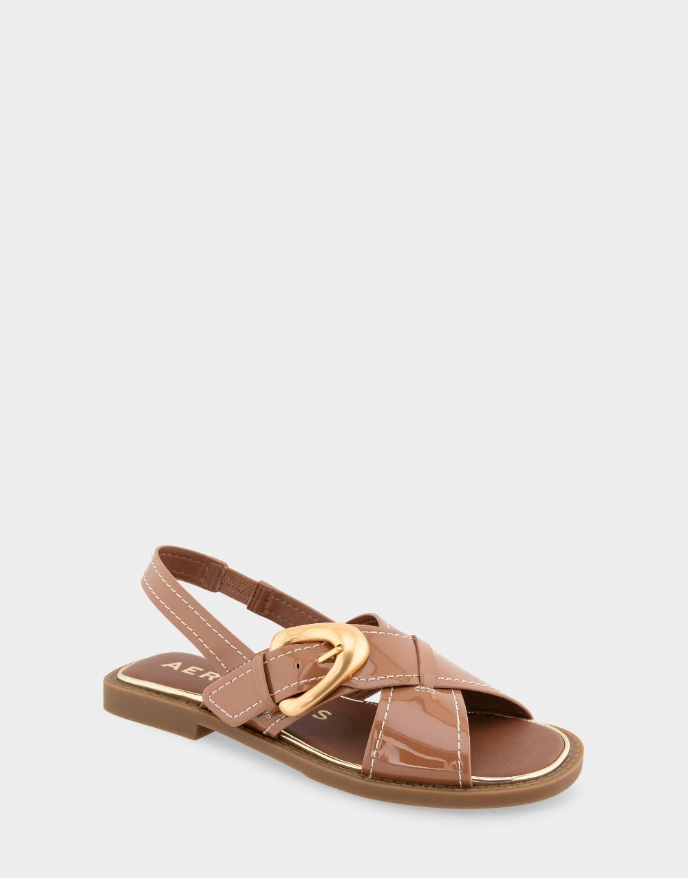 Aerosoles Comfortable Women's Flat Sandals In Tan Patent Faux Leather Patent Faux Leather