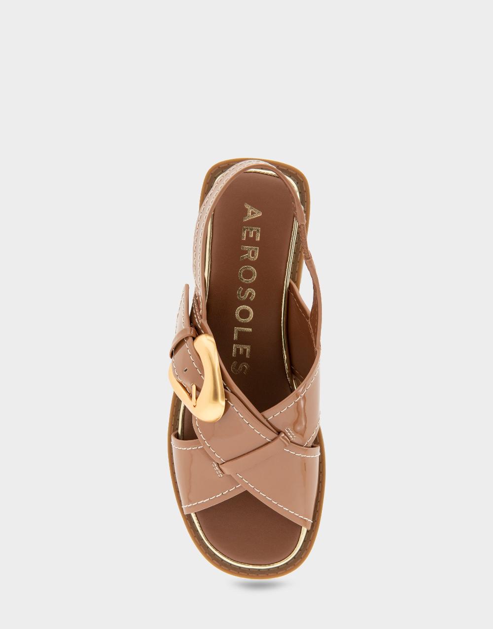 Aerosoles Comfortable Women's Flat Sandals In Tan Patent Faux Leather Patent Faux Leather