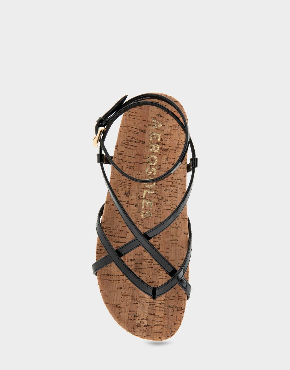 Aerosoles Comfortable Women's Footbed Sandals In Black Faux Leather/cork