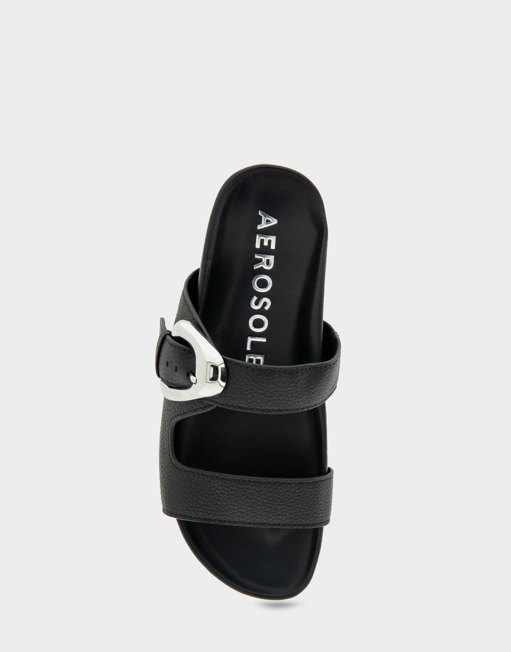 Aerosoles Comfortable Women's Footbed Sandals In Black Pebbled Leather