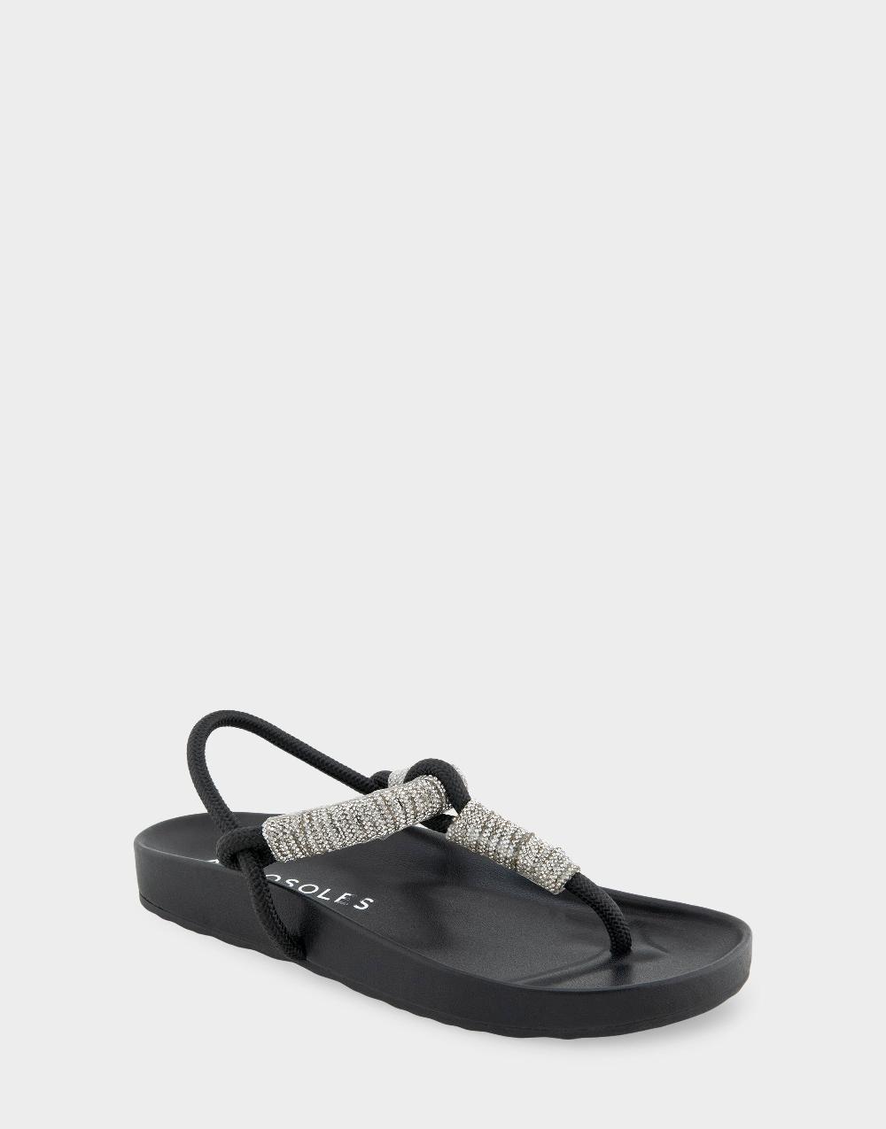 Aerosoles Comfortable Women's Footbed Sandals In Black With Crystal Faux Leather