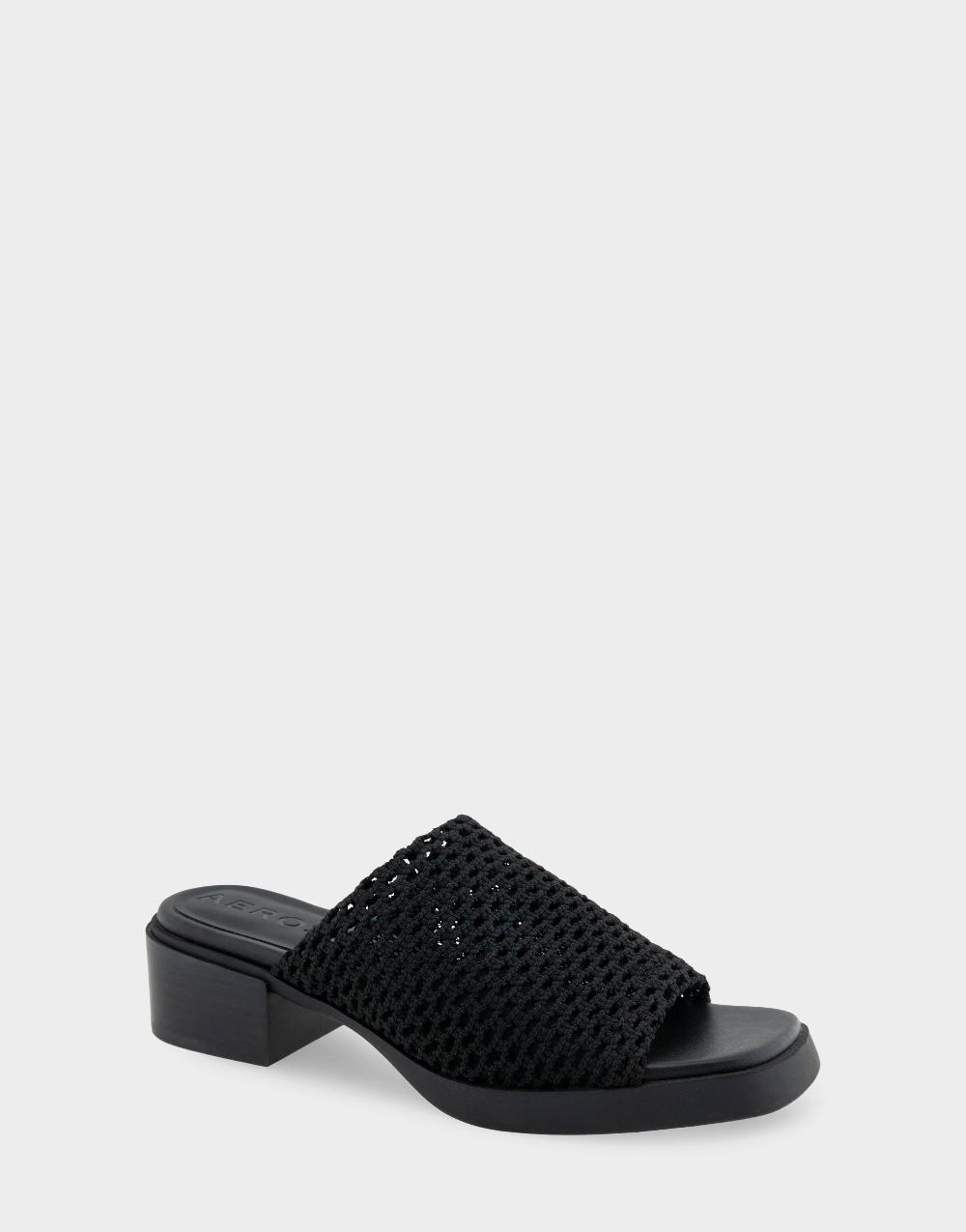 Aerosoles Comfortable Women's Knit Slip On Low Block Heel Sandal In Black Knit Fabric