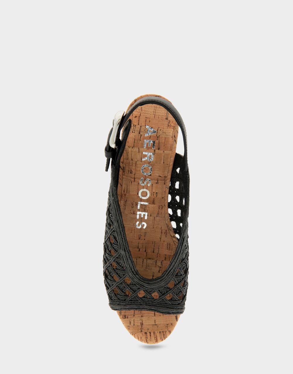 Aerosoles Comfortable Women's Platform Sandals In Black Embroidered Raffia Fabric