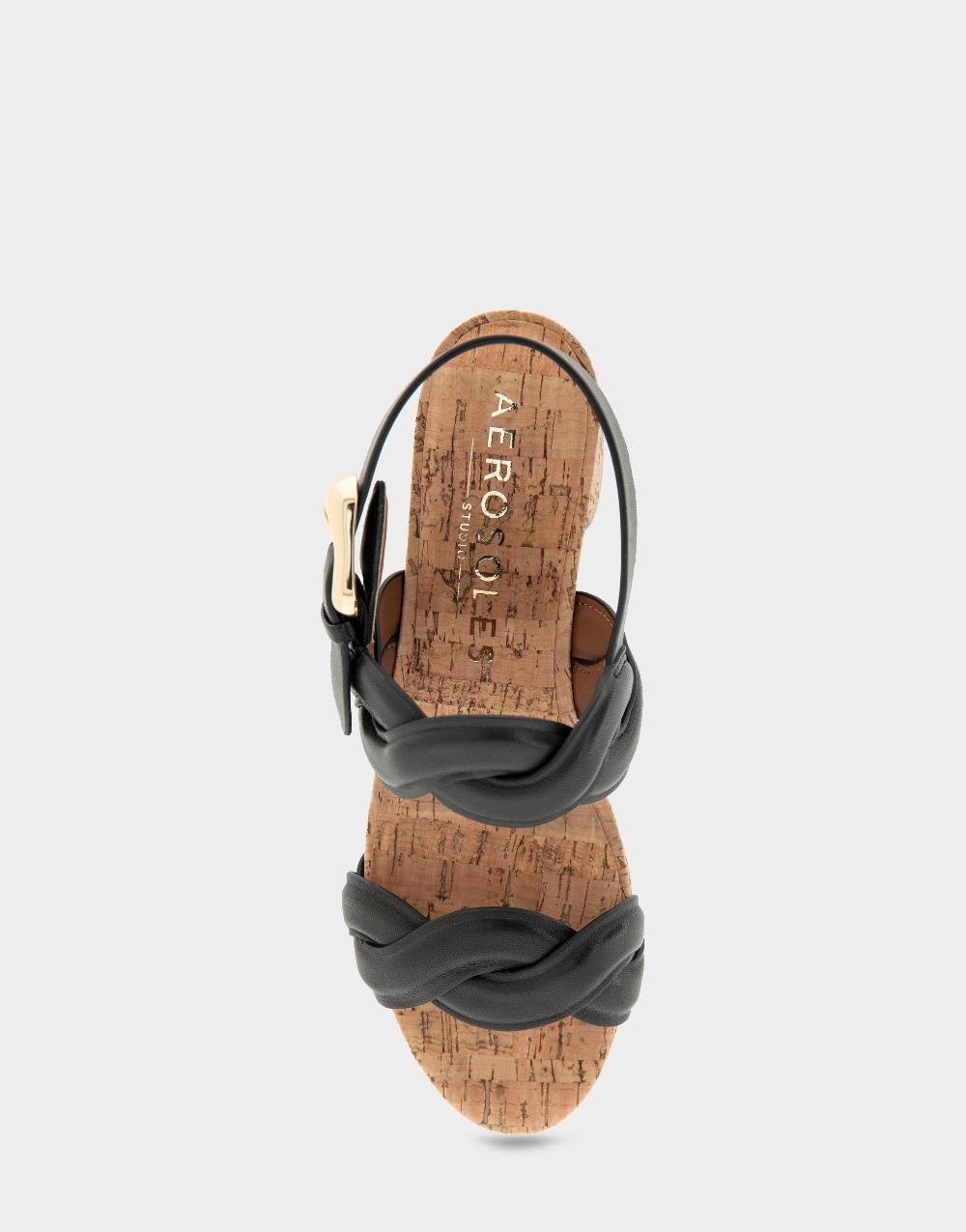 Aerosoles Comfortable Women's Platform Sandals In Black Leather/raffia