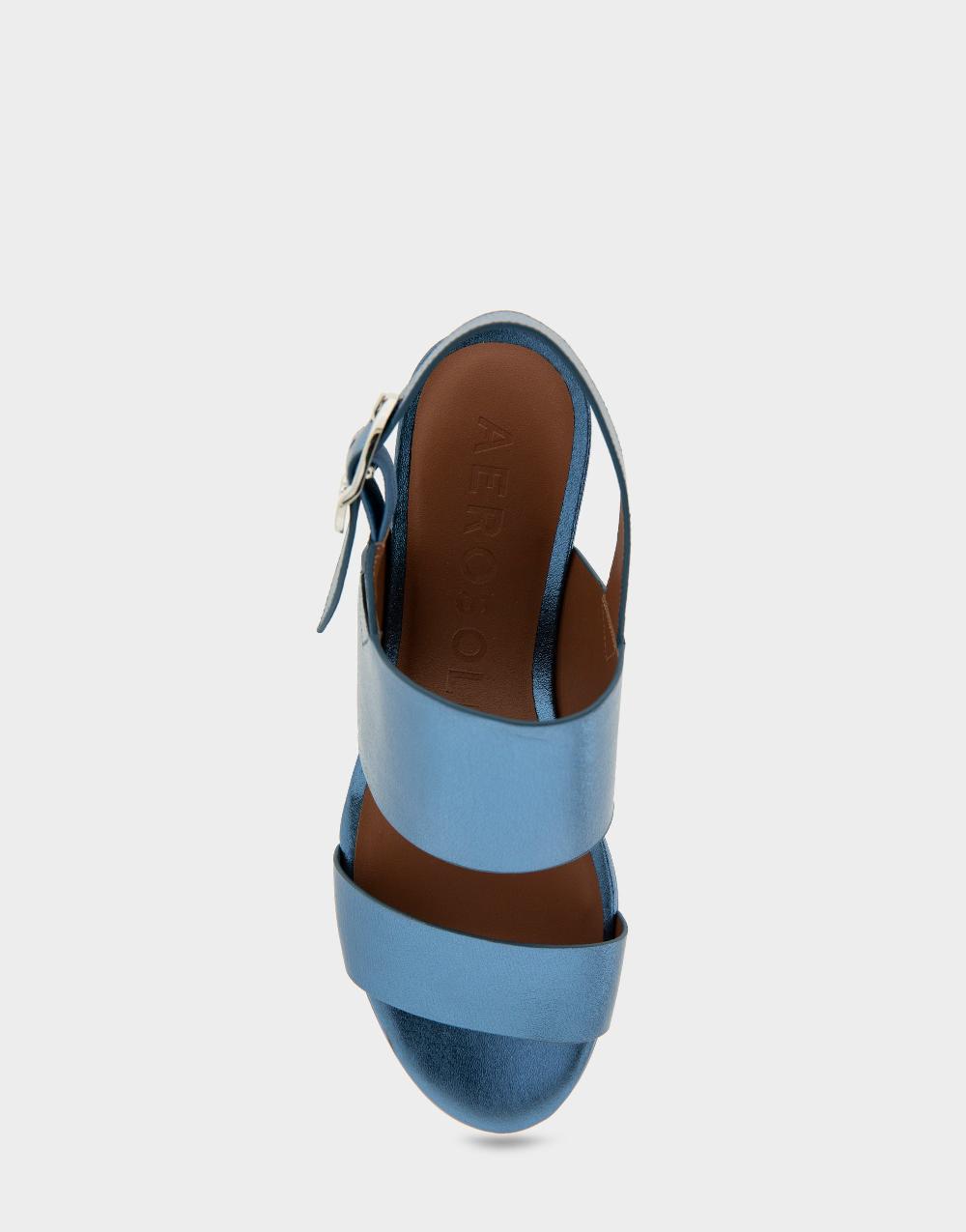Aerosoles Comfortable Women's Platform Sandals In Blue Metallic Leather Leather