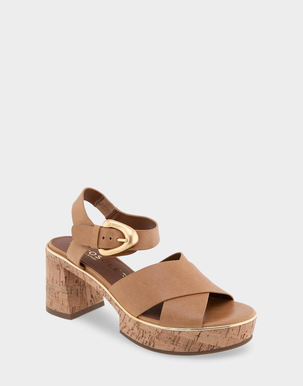 Aerosoles Comfortable Women's Platform Sandals In Tan Burnished Leather