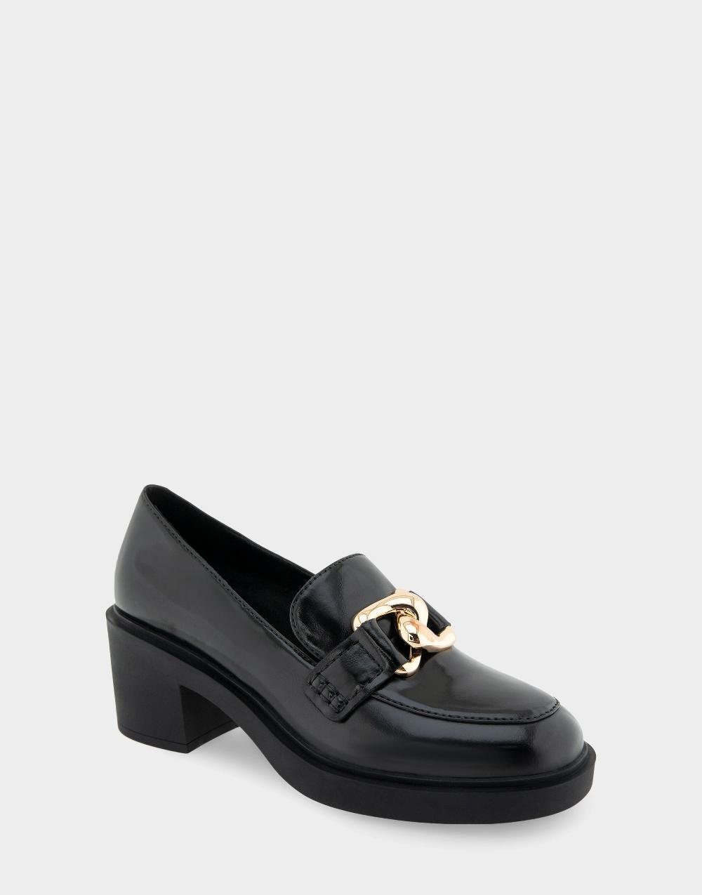 Aerosoles Comfortable Women's Textured Link Hardware Platform Loafer In Black Burnished Faux Leather Faux Leather