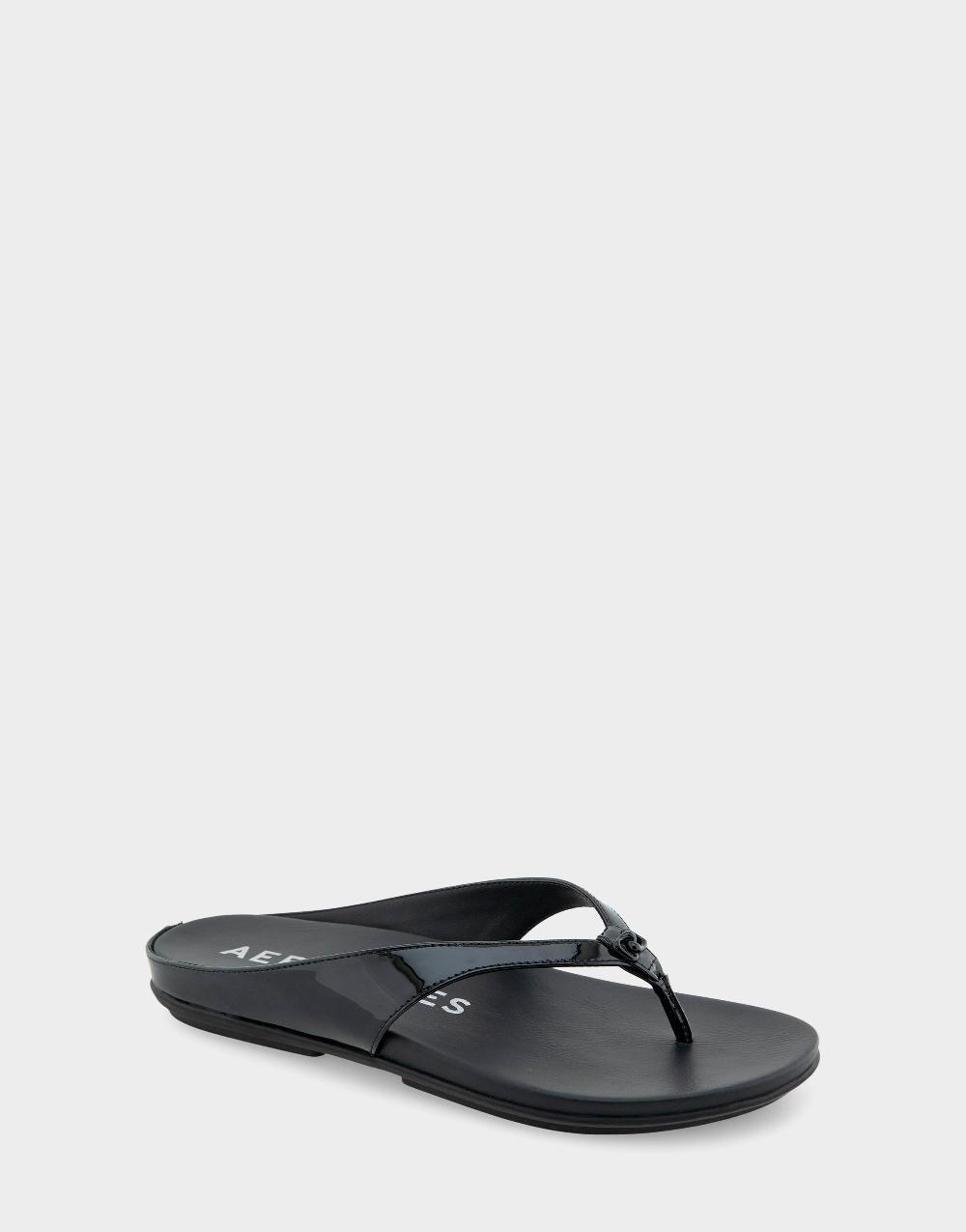 Aerosoles Comfortable Women's Thong Sandals In Black Patent Faux Leather