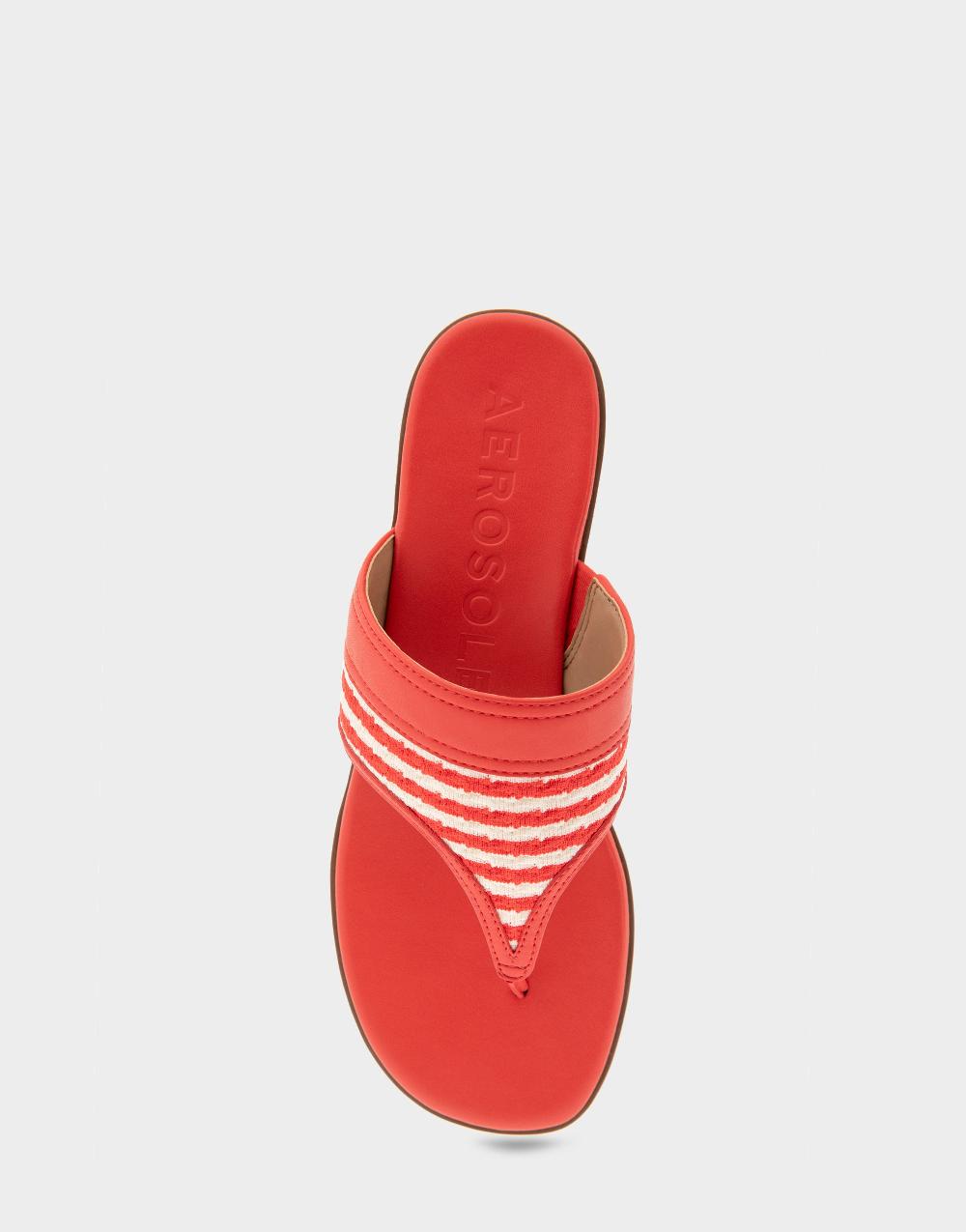 Aerosoles Comfortable Women's Thong Sandals In Eggnog/racing Red Stripe Textured Fabric Knit Fabric