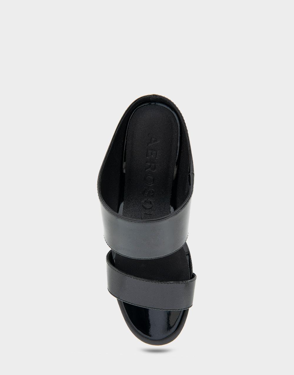 Aerosoles Comfortable Women's Two Band Mid Wedge Slide Sandal In Black Patent Faux Leather