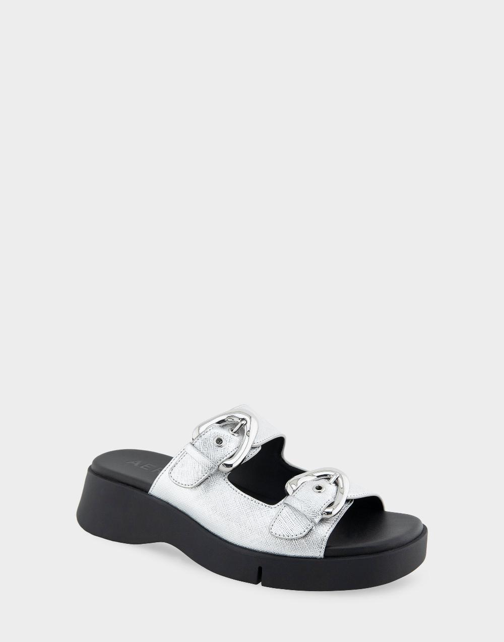 Aerosoles Comfortable Women's Walking Sandal In Silver Metallic Textured Faux Leather