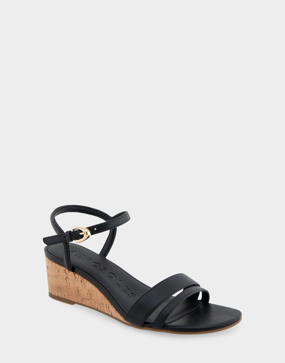 Aerosoles Comfortable Women's Wedge Sandals In Black Faux Leather