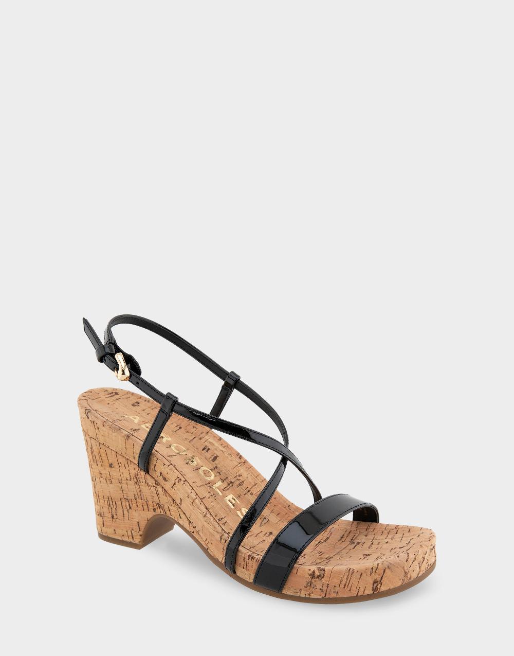 Aerosoles Comfortable Women's Wedge Sandals In Black Faux Leather/cork Faux Leather