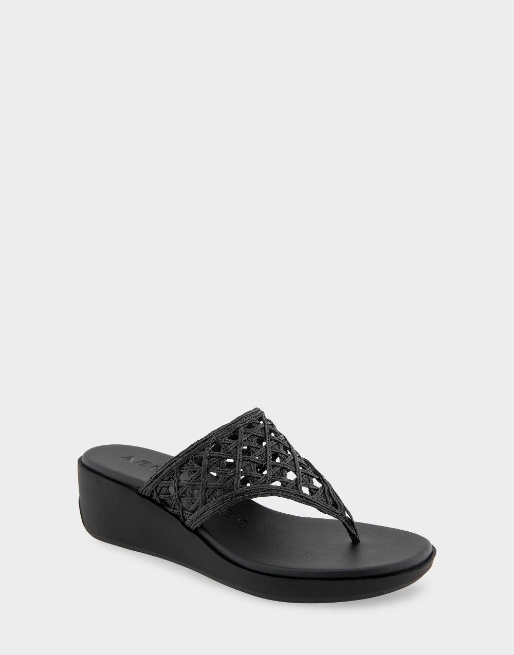 Aerosoles Comfortable Women's Wedge Sandals In Black Raffia Raffia Fabric