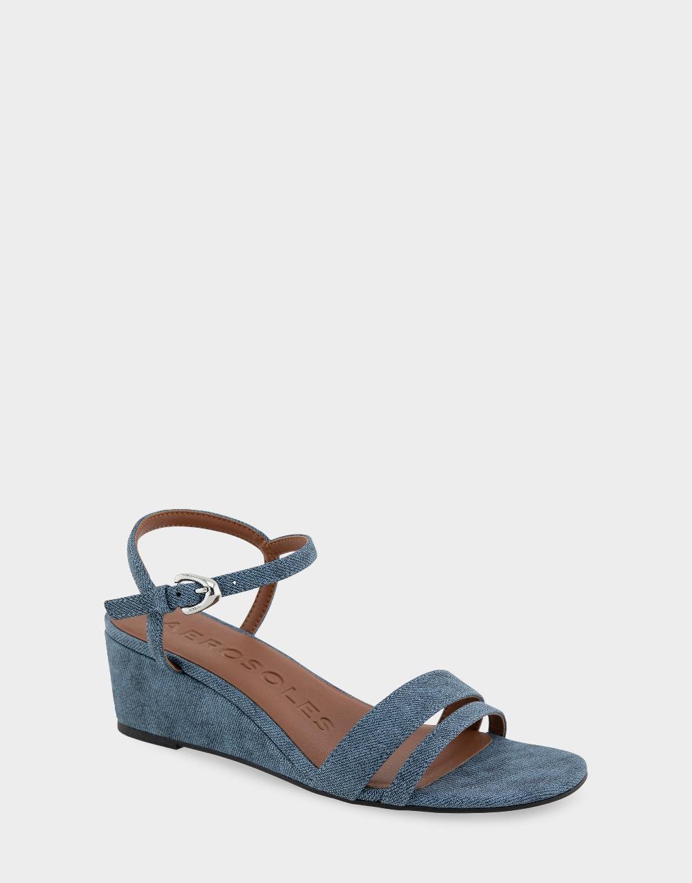 Aerosoles Comfortable Women's Wedge Sandals In Blue Jean Suede Faux Leather