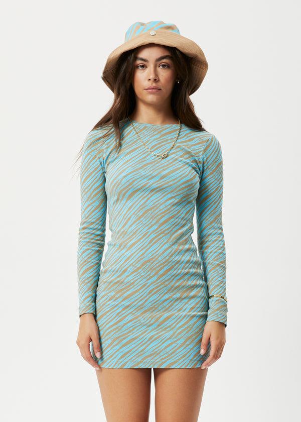 Afends Adi - Rib Long Sleeve Dress Blue Stripe