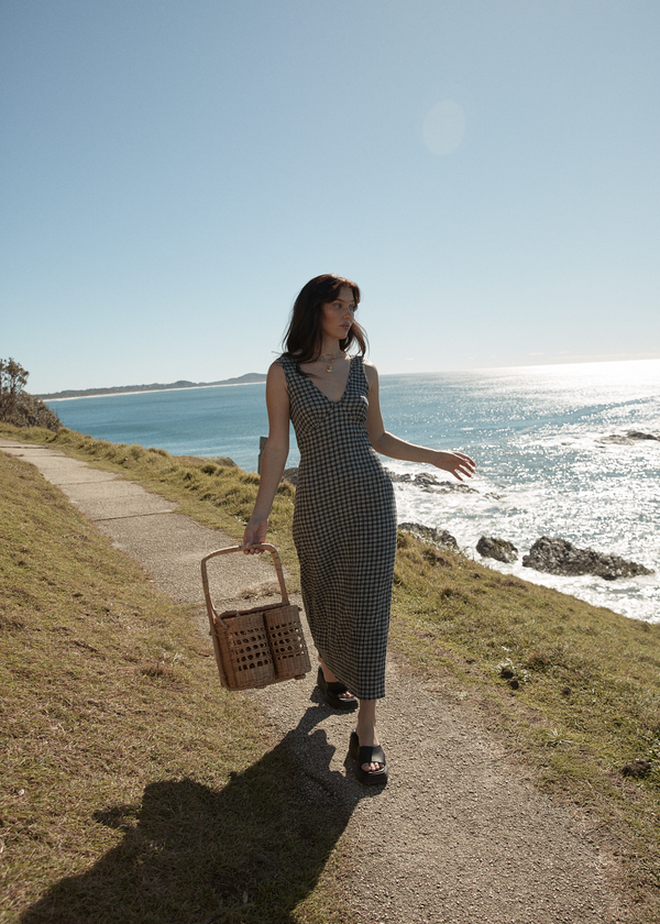 Afends Asta - Seersucker Maxi Dress Steel Check