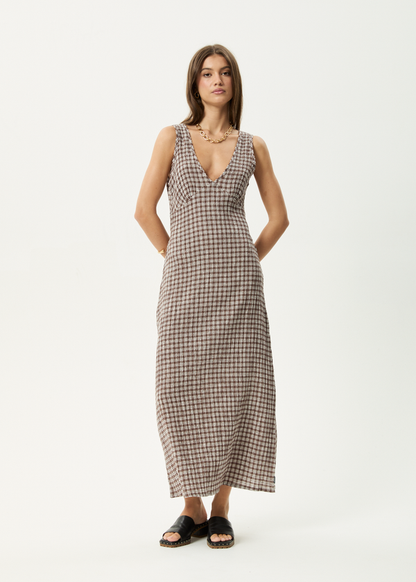 afends Base - Seersucker Maxi Dress Coffee Check
