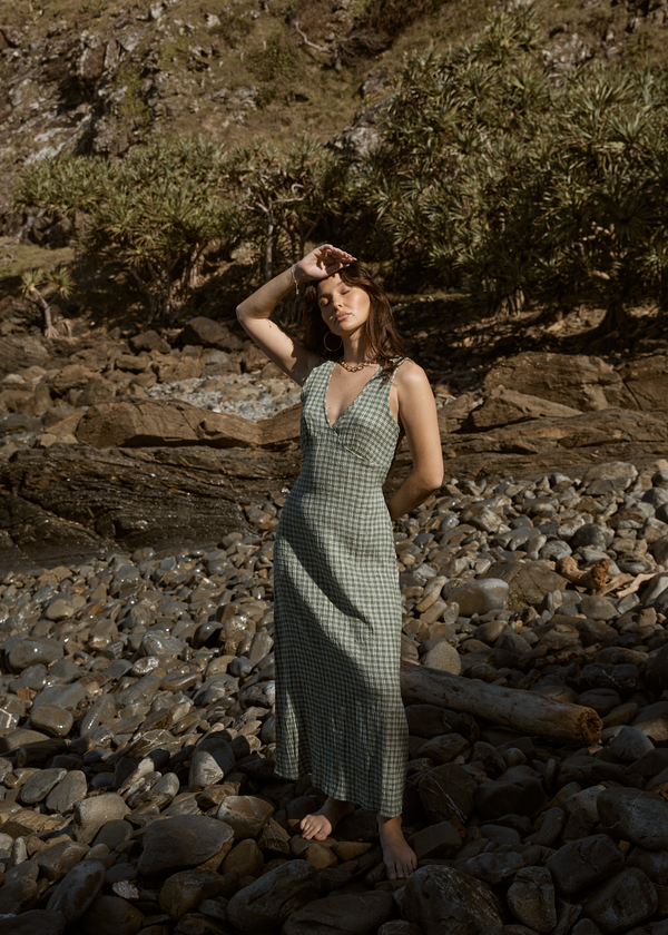 afends Base - Seersucker Maxi Dress Deep Green Check