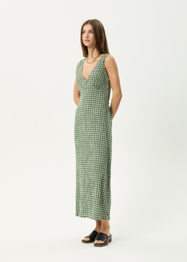 afends Base - Seersucker Maxi Dress Deep Green Check
