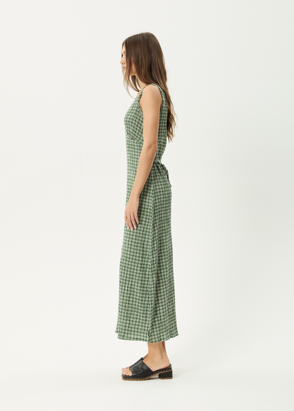 afends Base - Seersucker Maxi Dress Deep Green Check