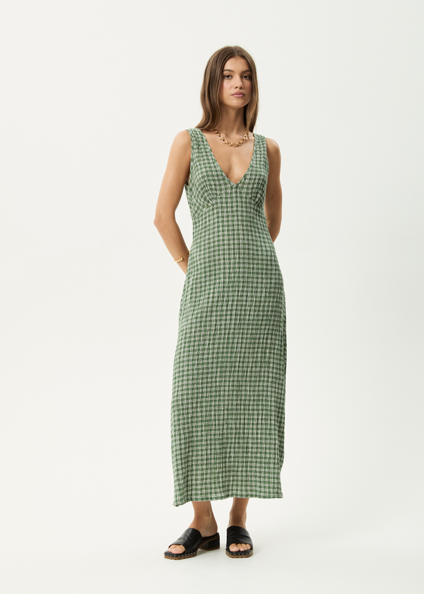 afends Base - Seersucker Maxi Dress Deep Green Check