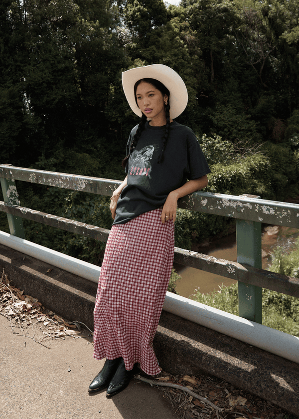 Afends Base - Seersucker Maxi Skirt Burgundy Check