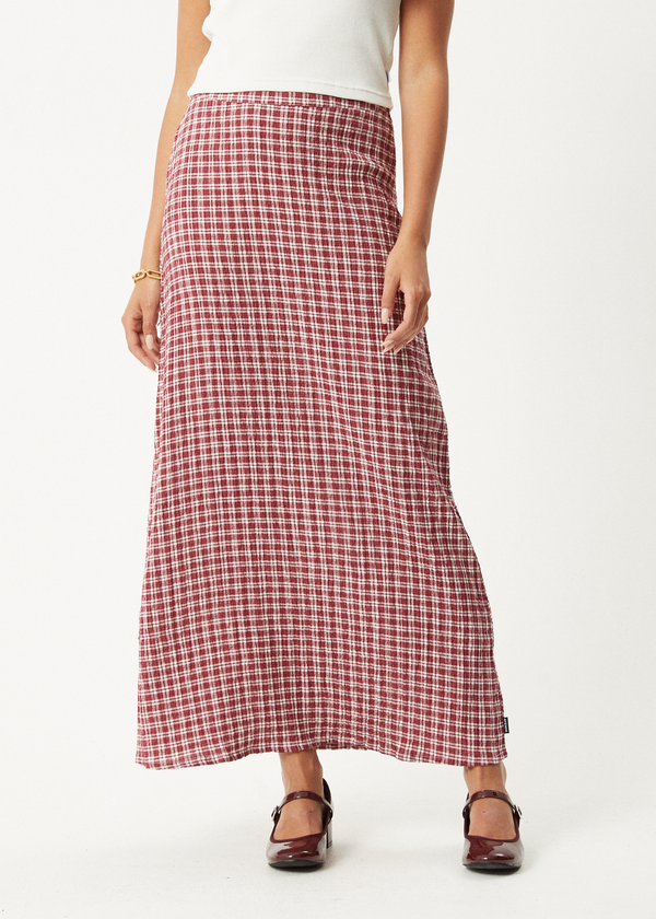 Afends Base - Seersucker Maxi Skirt Burgundy Check