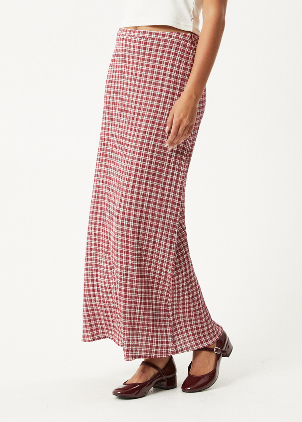 Afends Base - Seersucker Maxi Skirt Burgundy Check