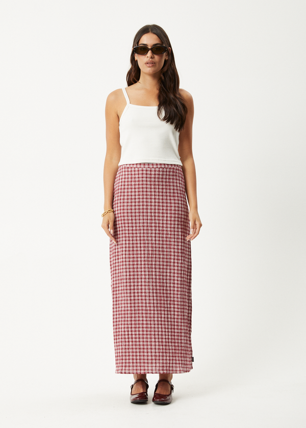 afends Base - Seersucker Maxi Skirt Burgundy Check
