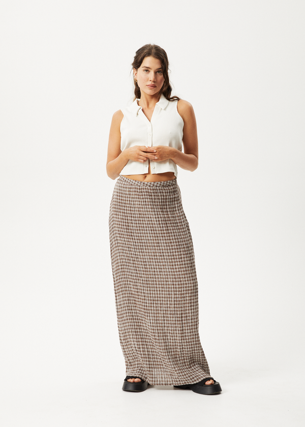 afends Base - Seersucker Maxi Skirt Coffee Check
