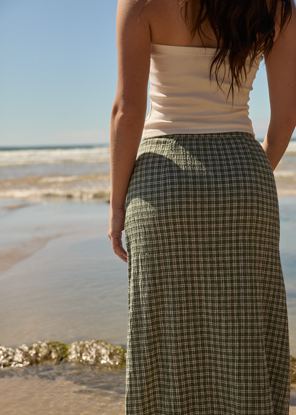 Afends Base - Seersucker Maxi Skirt Deep Green Check