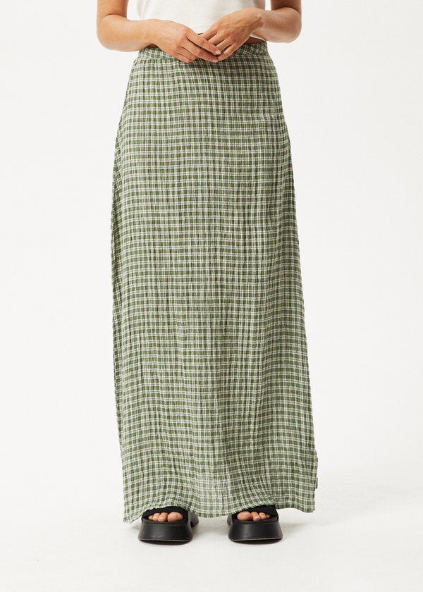 Afends Base - Seersucker Maxi Skirt Deep Green Check