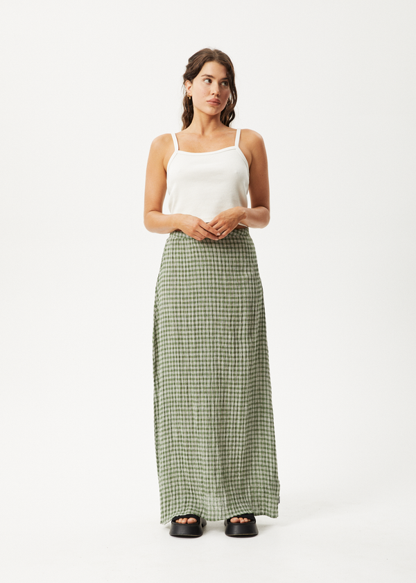 afends Base - Seersucker Maxi Skirt Deep Green Check