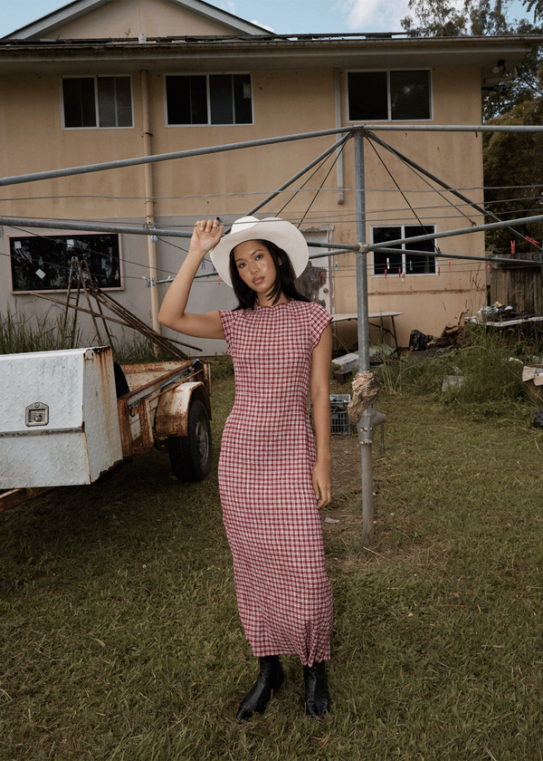 Afends Base - Seersucker Midi Dress Burgundy Check