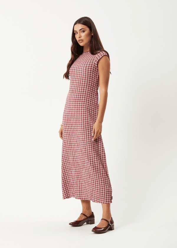 Afends Base - Seersucker Midi Dress Burgundy Check