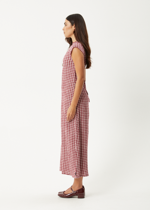 Afends Base - Seersucker Midi Dress Burgundy Check