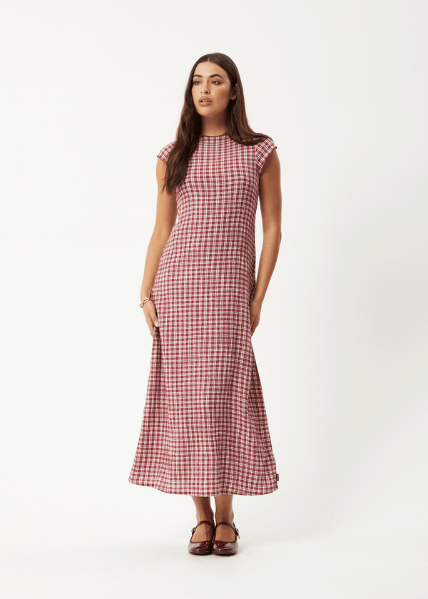 afends Base - Seersucker Midi Dress Burgundy Check