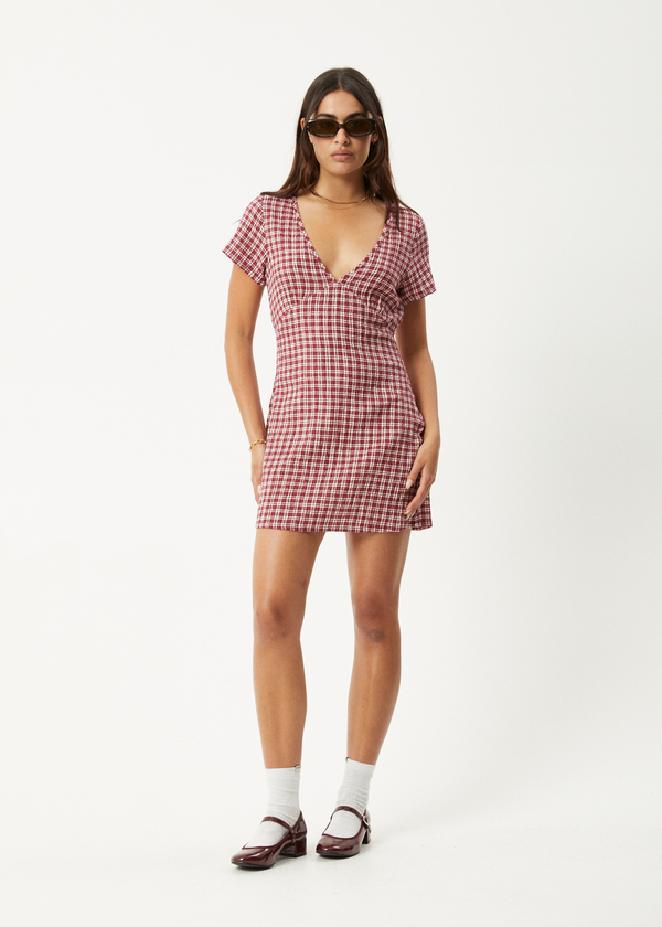 Afends Base - Seersucker Mini Dress Burgundy Check