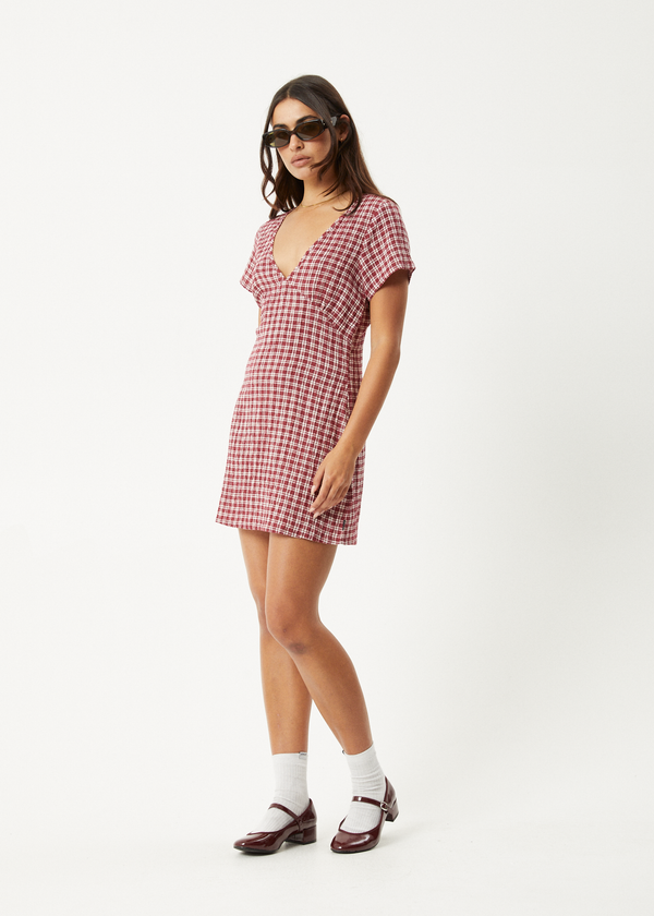 Afends Base - Seersucker Mini Dress Burgundy Check