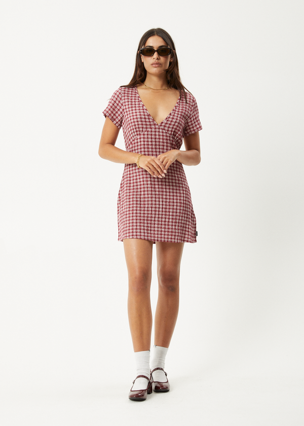 afends Base - Seersucker Mini Dress Burgundy Check