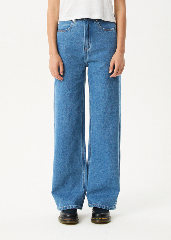 Afends Bella - Denim Wide Leg Baggy Jean Worn Blue