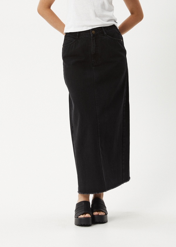 Afends Chichi - Denim Midi Skirt Washed Black