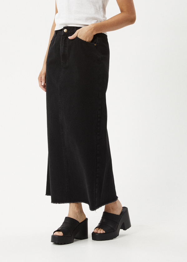 Afends Chichi - Denim Midi Skirt Washed Black